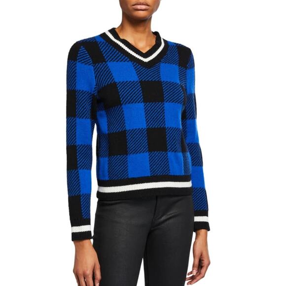 Rag & Bone Gabby Wool Buffalo Check V-Neck Pullover Sweater Blue/Black S - Picture 1 of 10